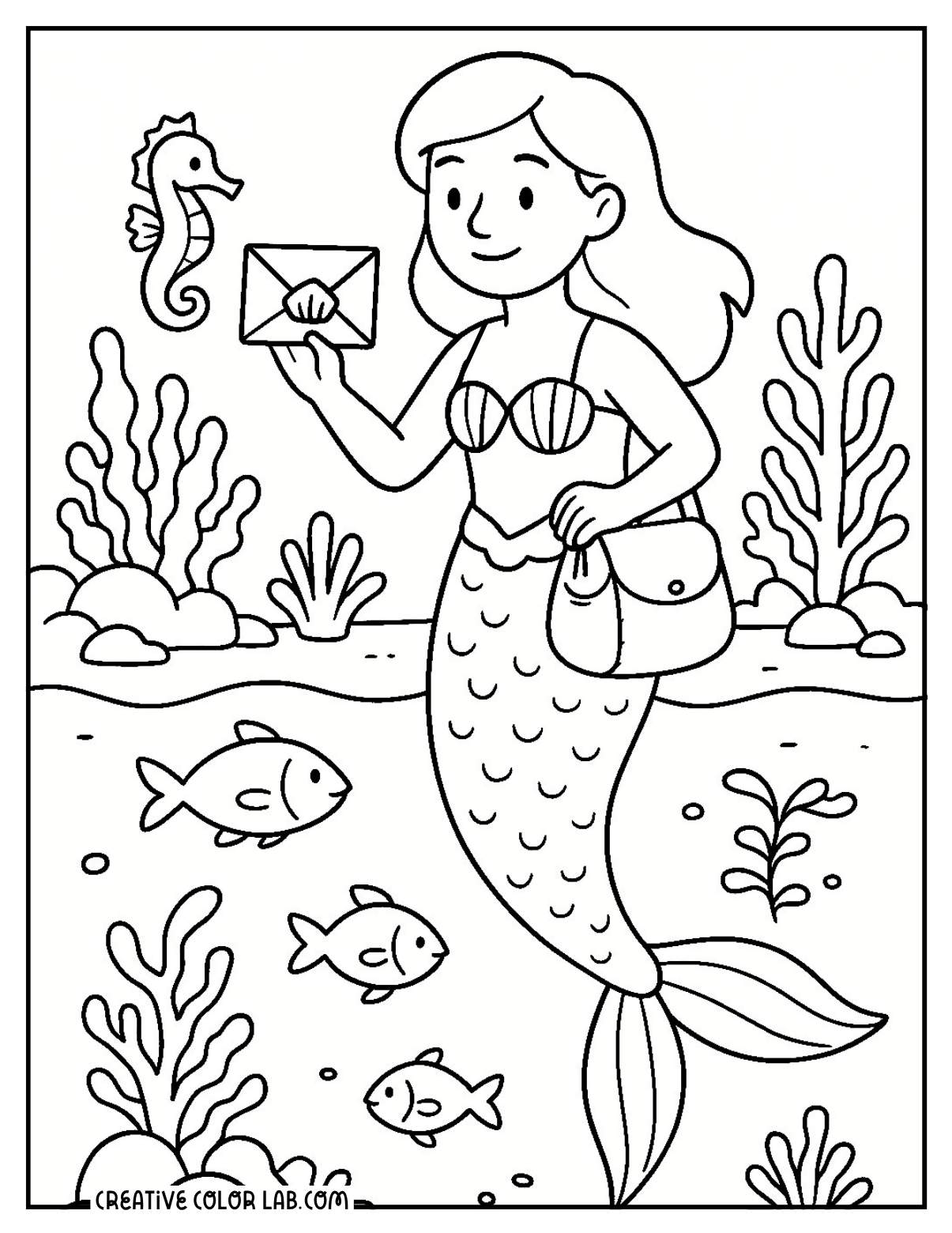 A mermaid delivering mail under the sea line art to color in.