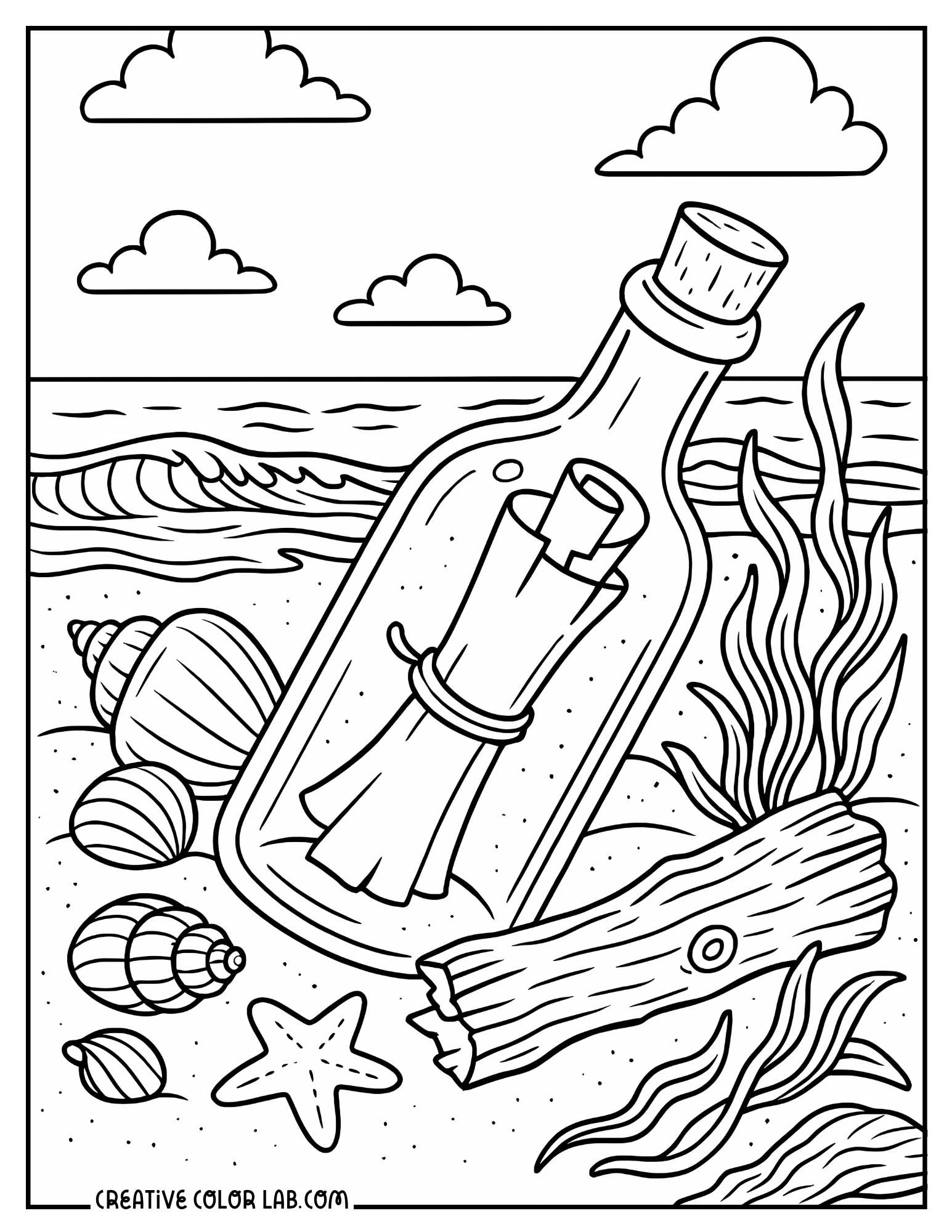A message in a bottle beach coloring page.