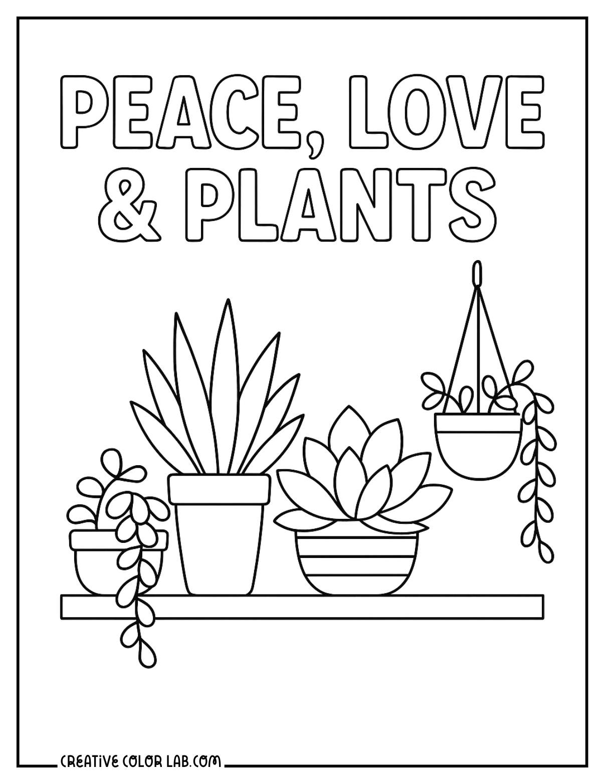 Peace, love and plants succulent shelf coloring sheet.