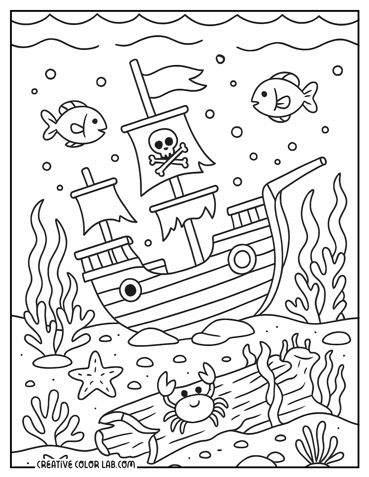 A pirate shipwreck underwater coloring page.