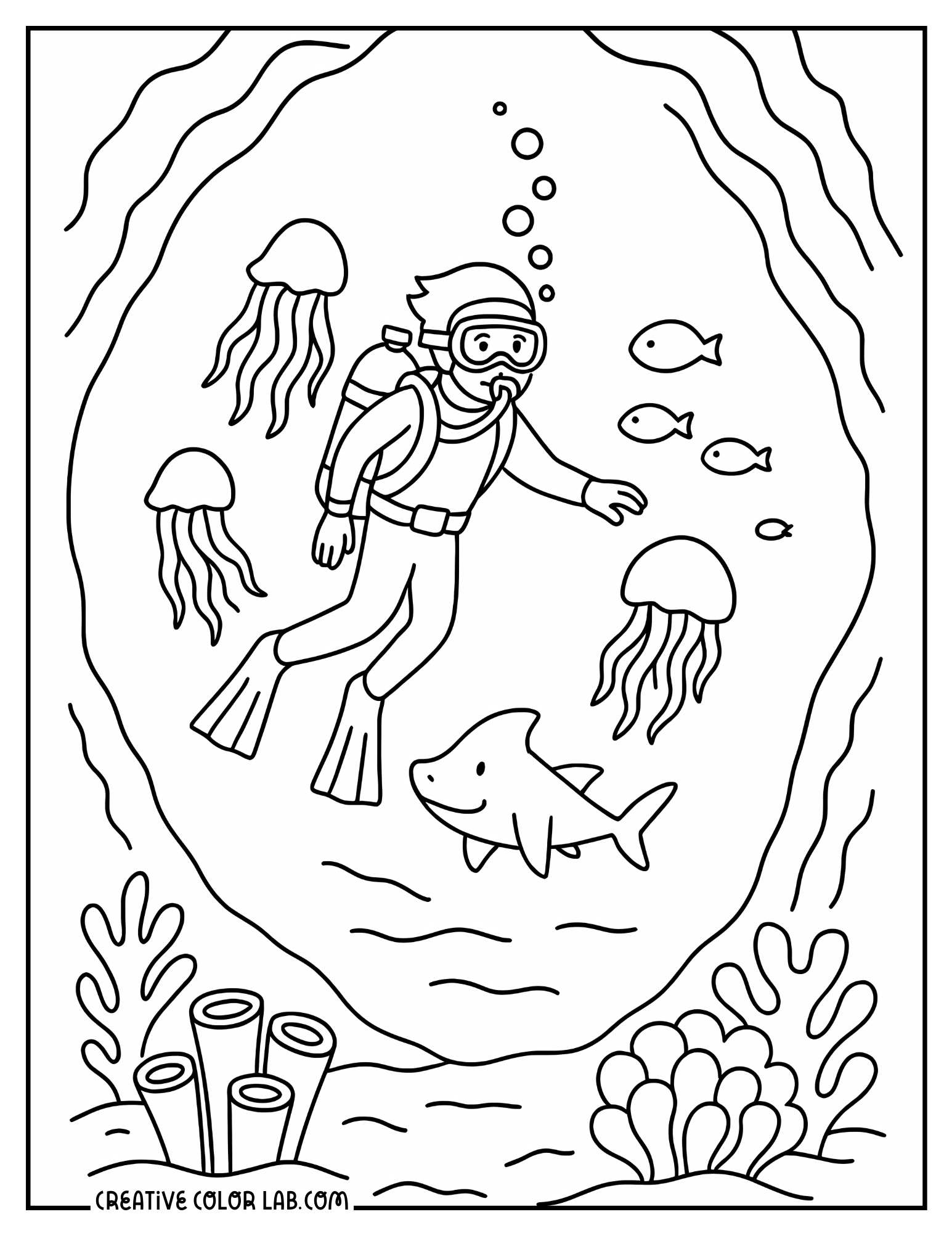 A scuba diver underwater picture to color.