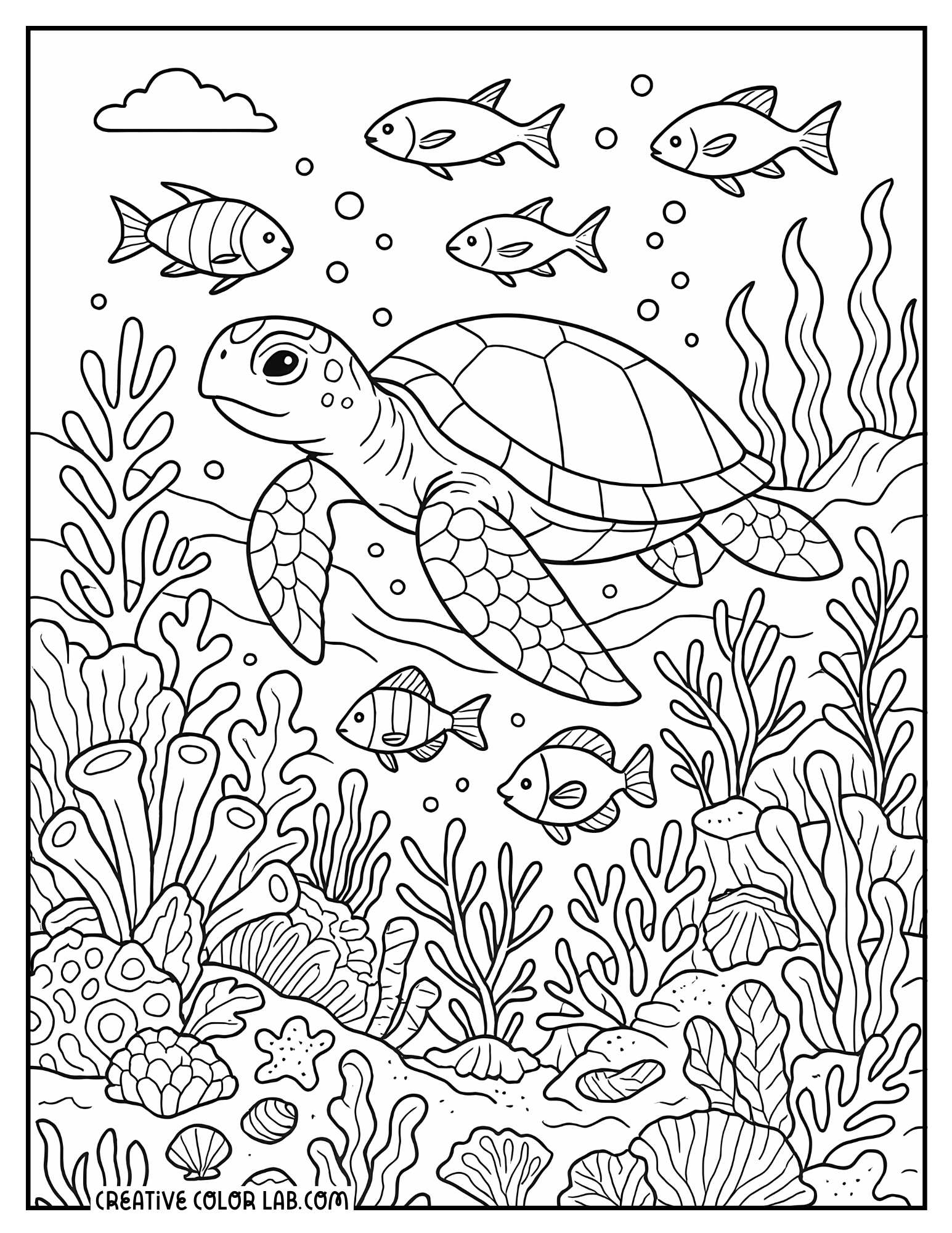 A sea turtle swimming among coral reef detailed coloring page.