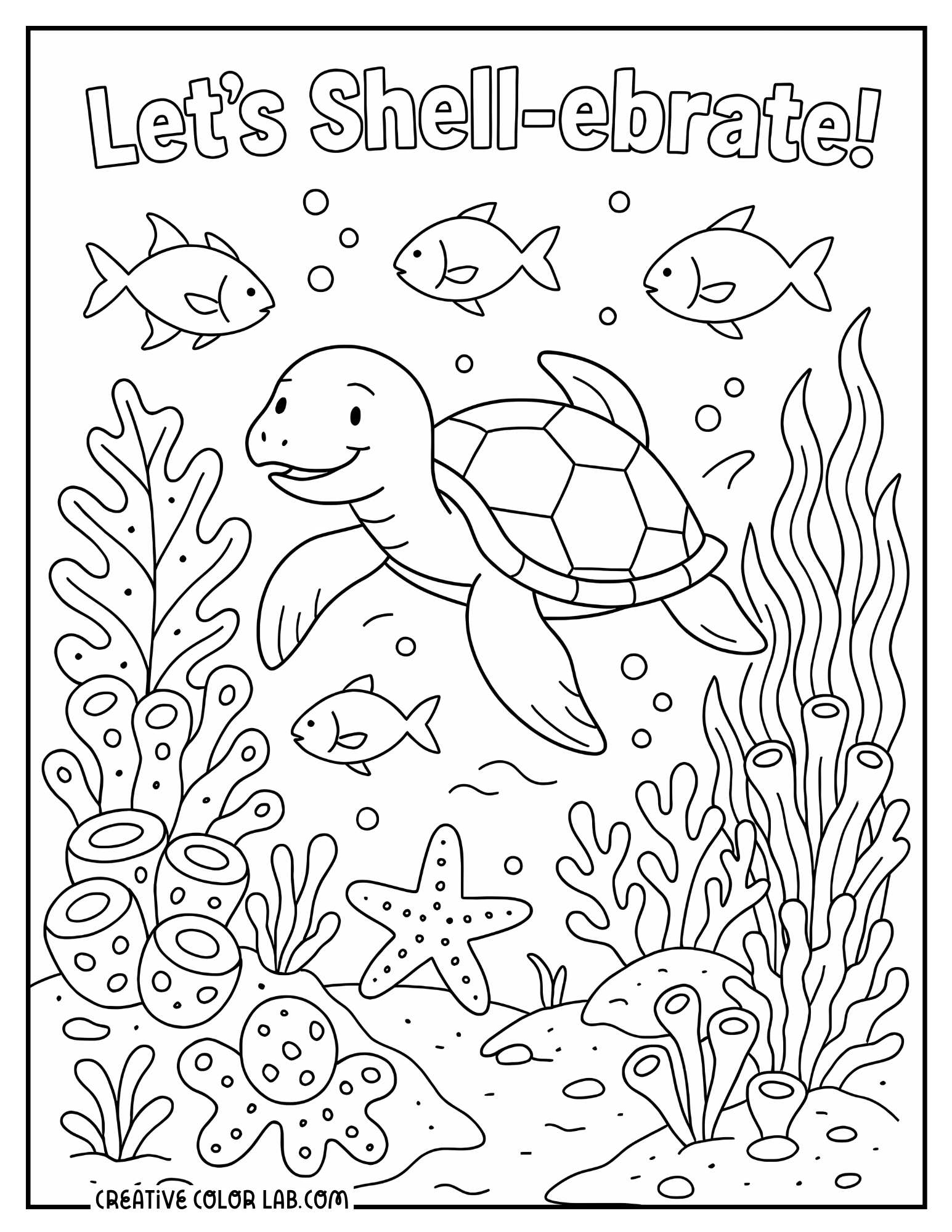 A sea turtle in the coral reef line art to color in.