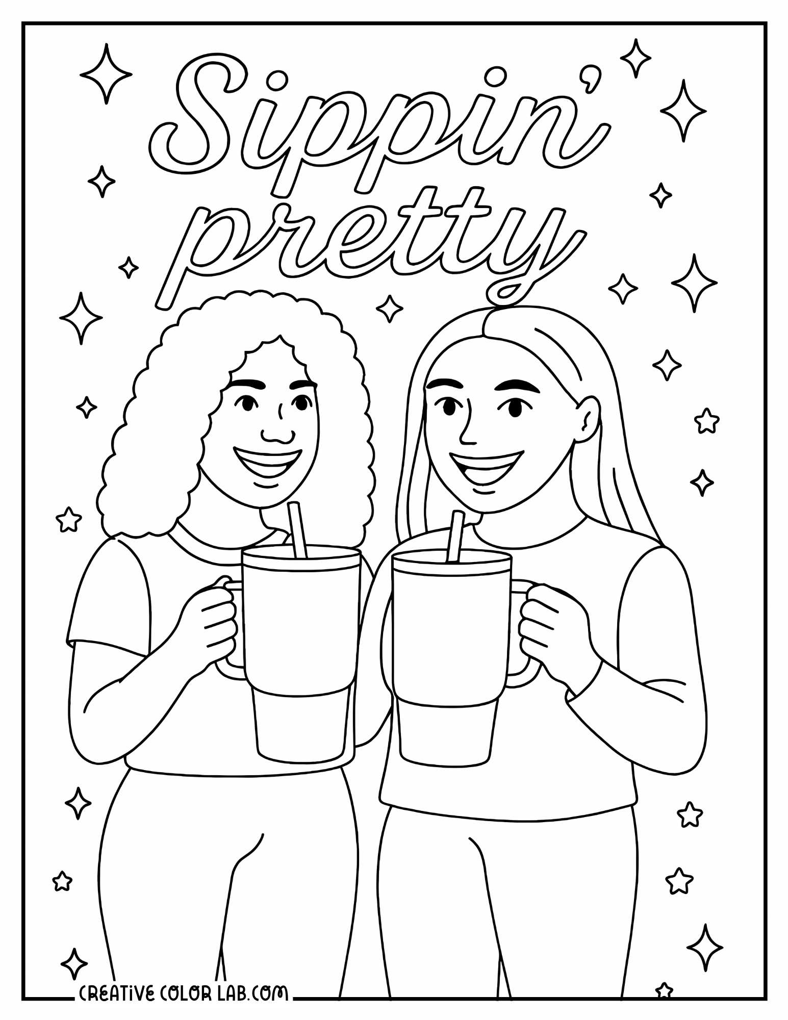 Two girls sippin' pretty with their Stanley cups picture to color.