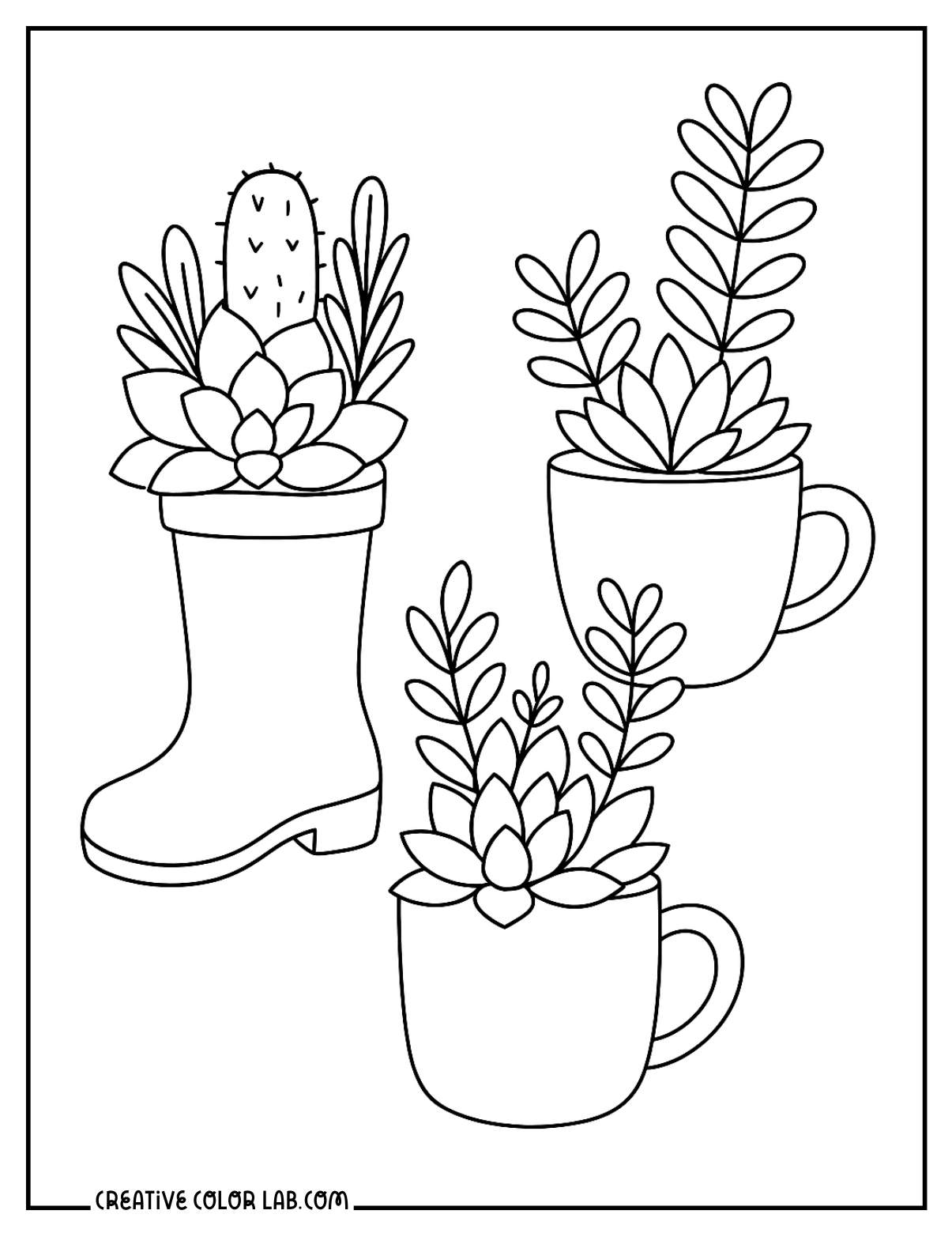 Succulent on a planters mug and boot picture to color.