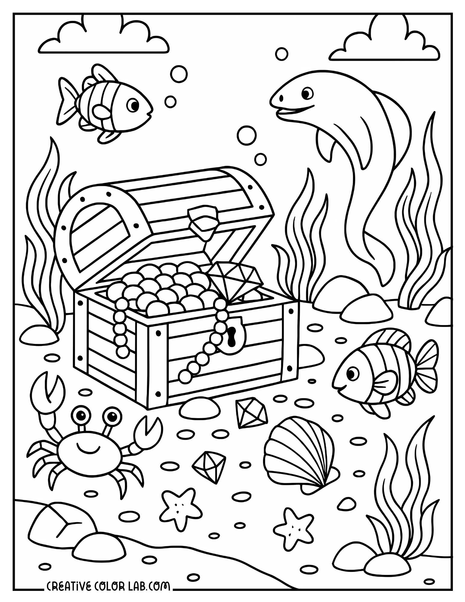 A sunken treasure in the ocean floor coloring page.