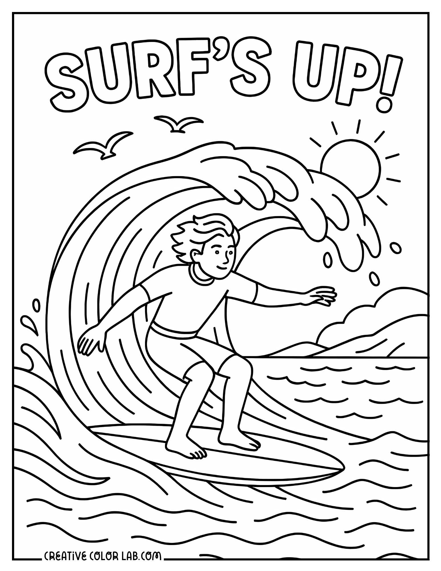 A surfing boy riding the wave cartoon picture to color.