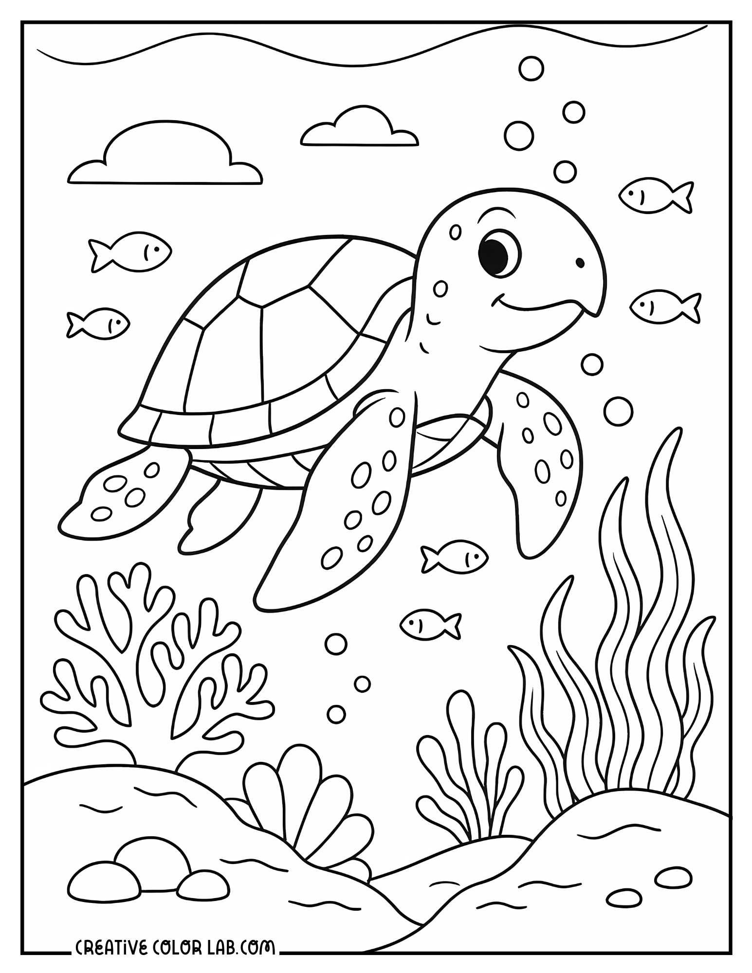 A sea turtle swimming underwater coloring page.