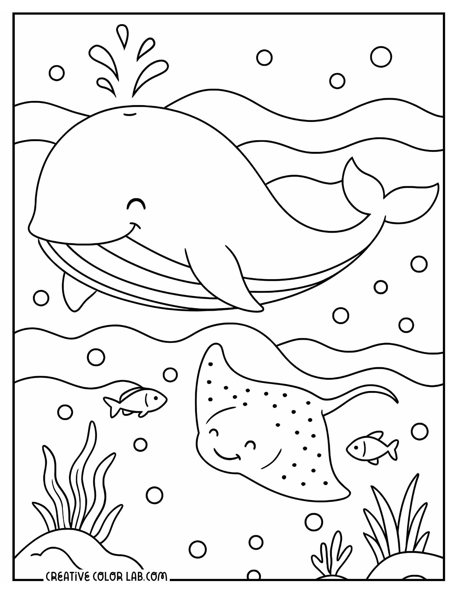 A kawaii whale and stingray ocean picture to color.