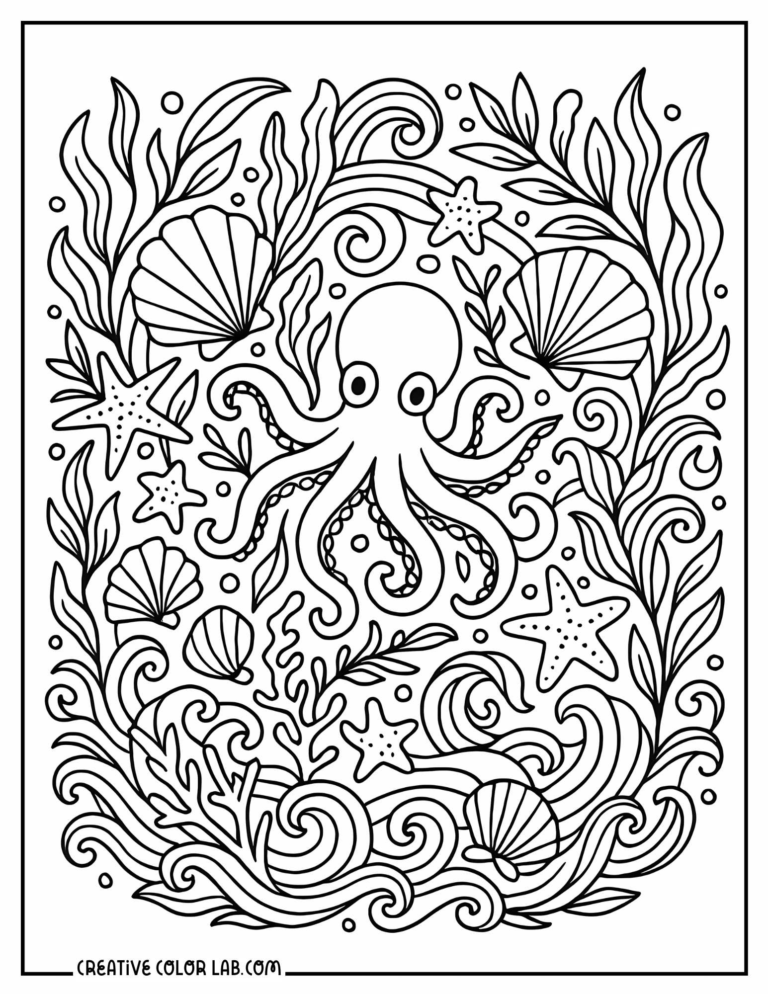 Zentangle octopus with seashells detailed coloring sheet for adults.