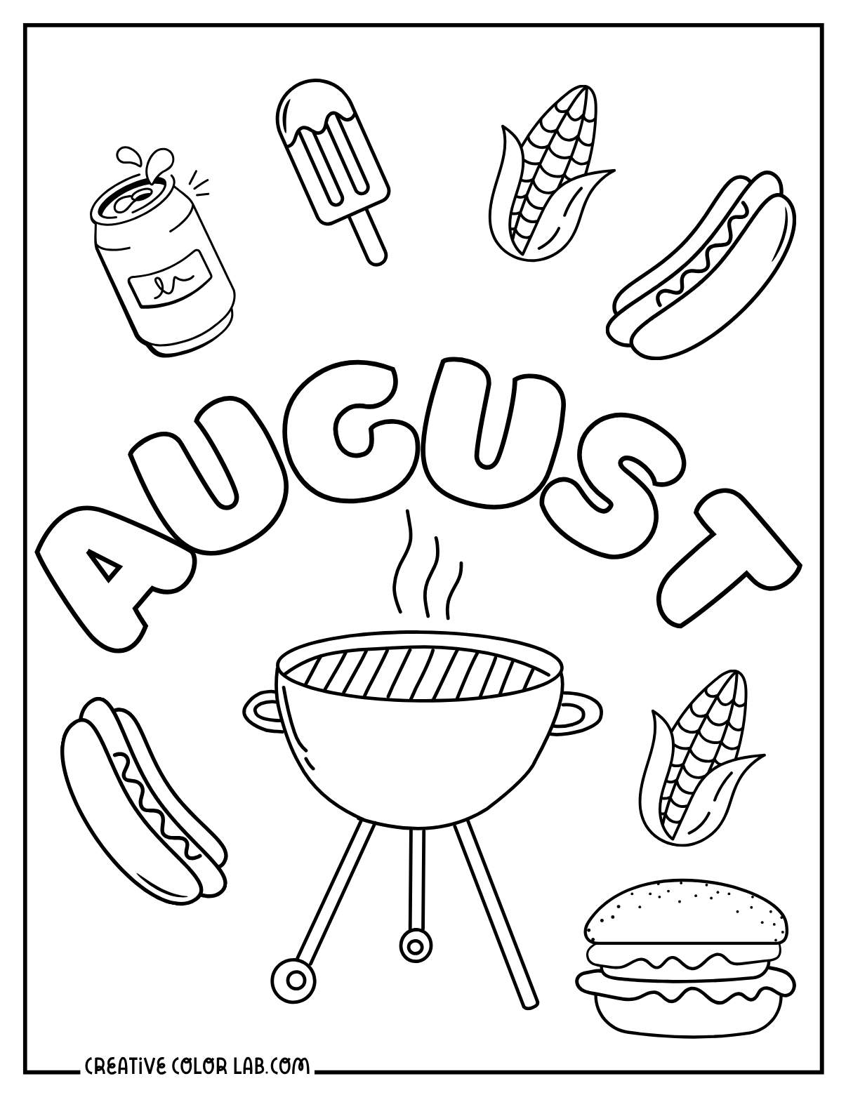 Printable August coloring page with a BBQ grill.