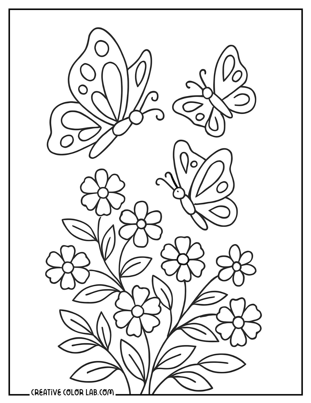 Butterflies and flowers coloring page.