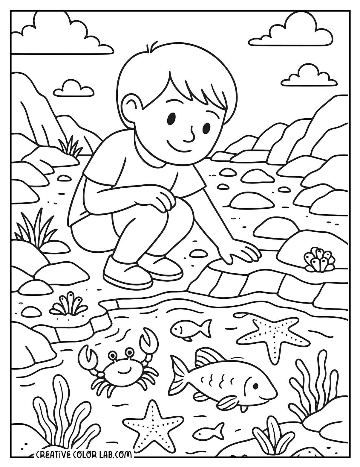 A child playing in the tide pool picture to color.