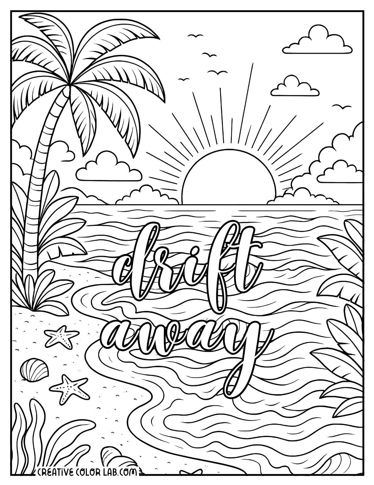A detailed beach quote to color for adults.