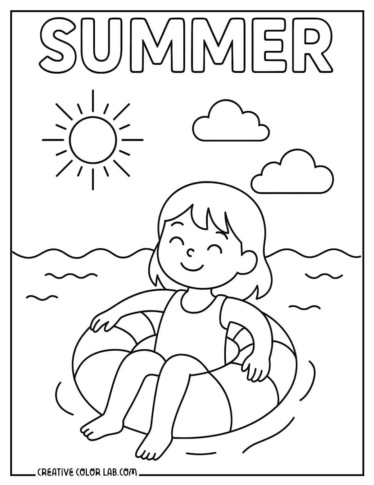 A girl floating on the beach coloring sheet.