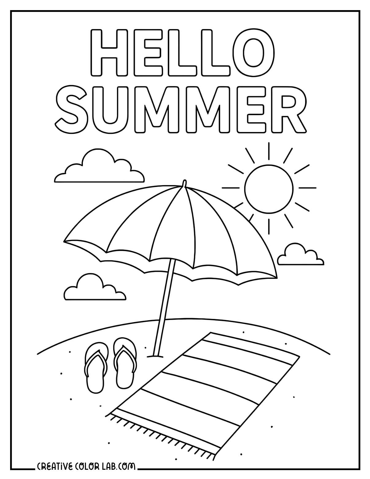 Hello summer beach scene with an umbrella, a beach towel and a pair of slippers line art to color in.