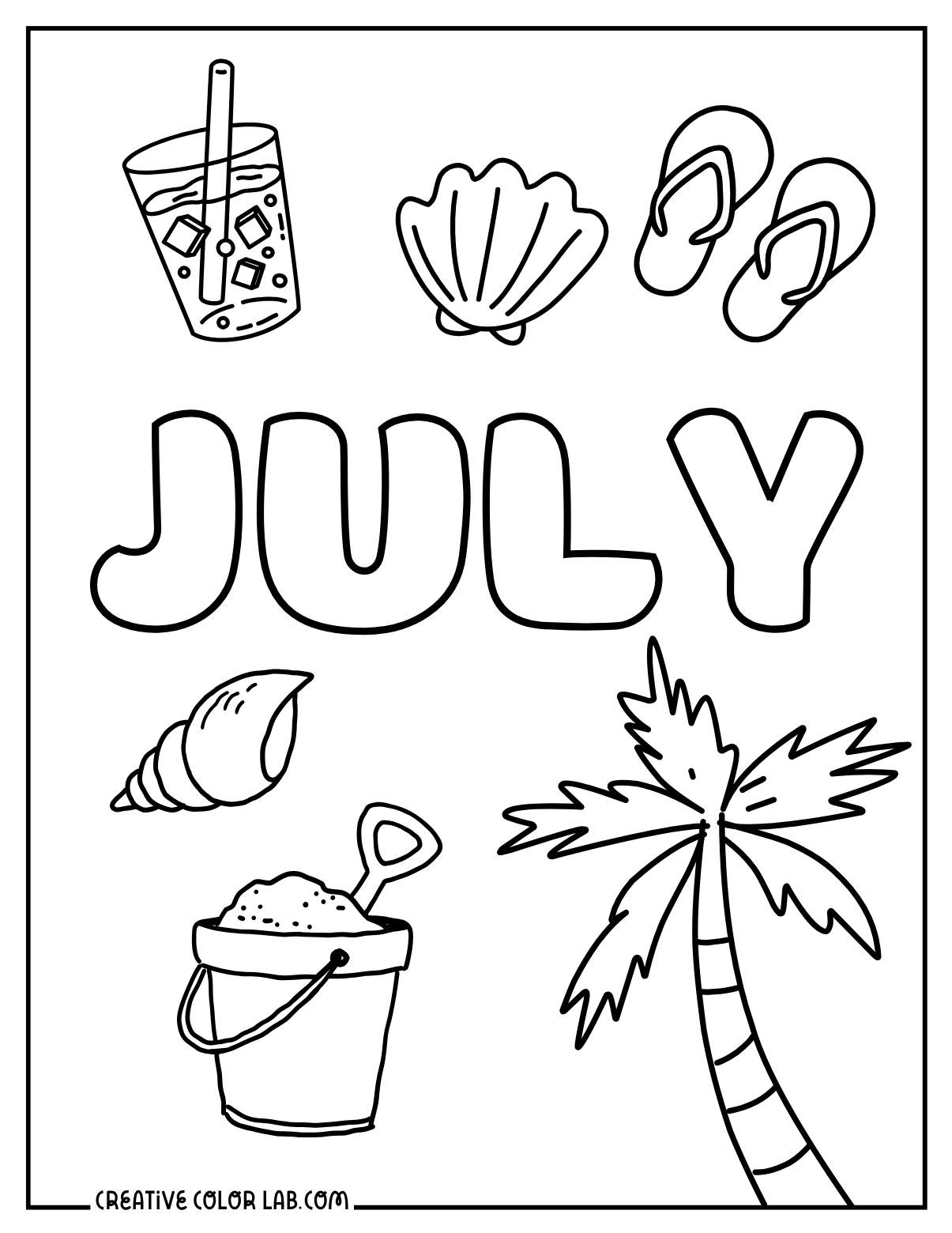 July coloring page with tropical clip arts.