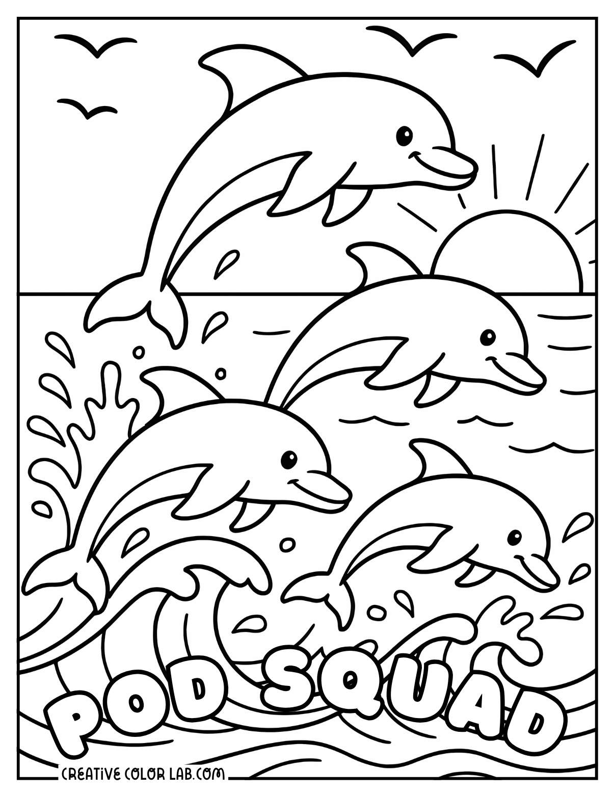 Four jumping dolphins in the ocean picture to color.