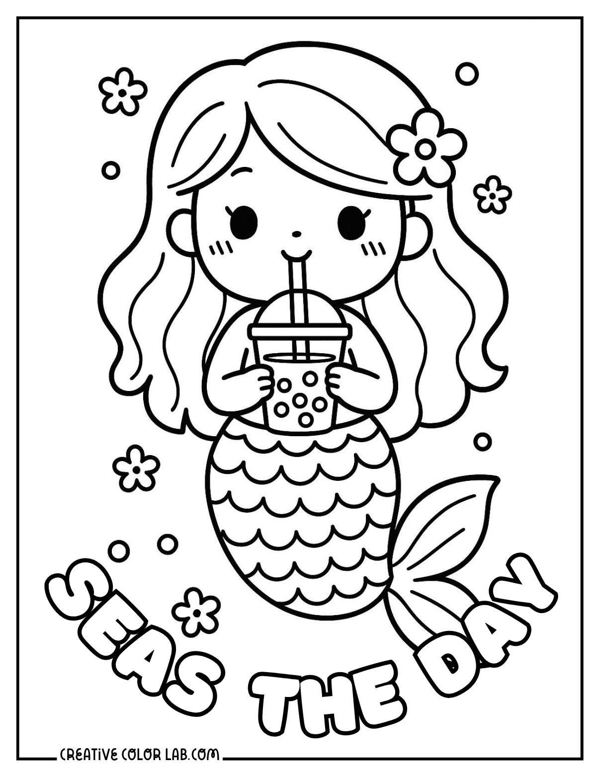 A kawaii mermaid drinking a boba tea coloring page.