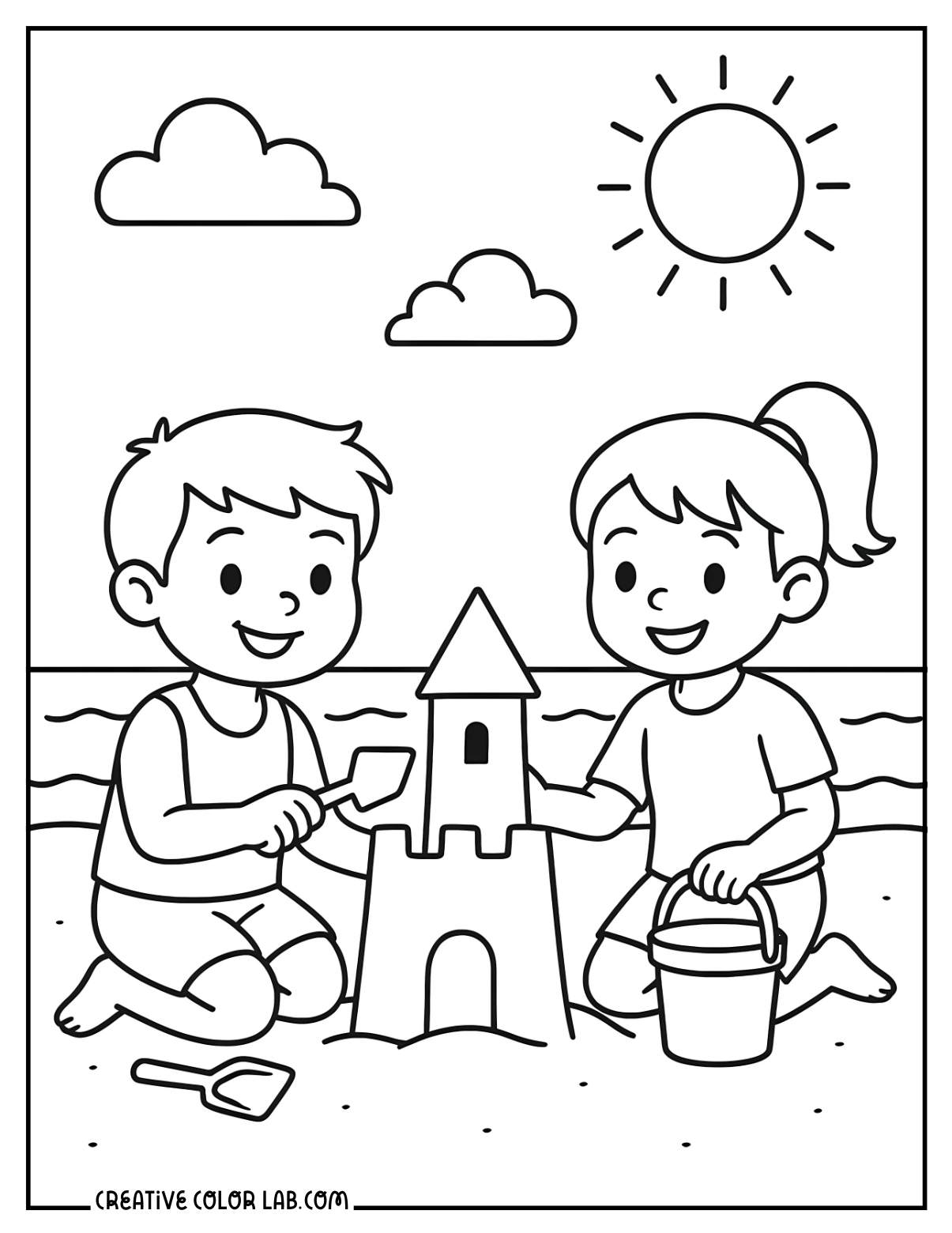 Two kids building a sandcastle picture to color.