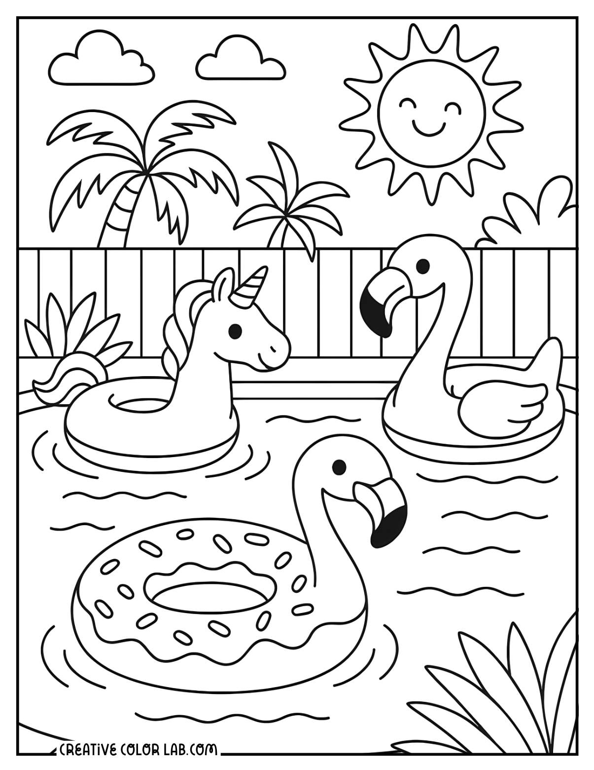 A unicorn pool float and two flamingo floaties on a pool picture to color.