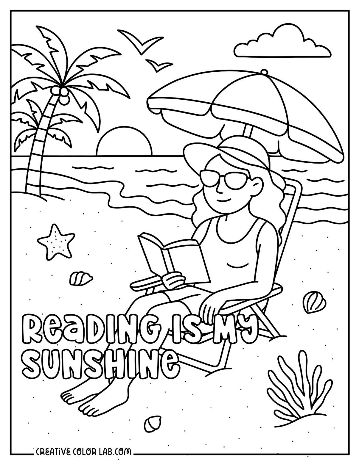A woman reading on the beach coloring page.