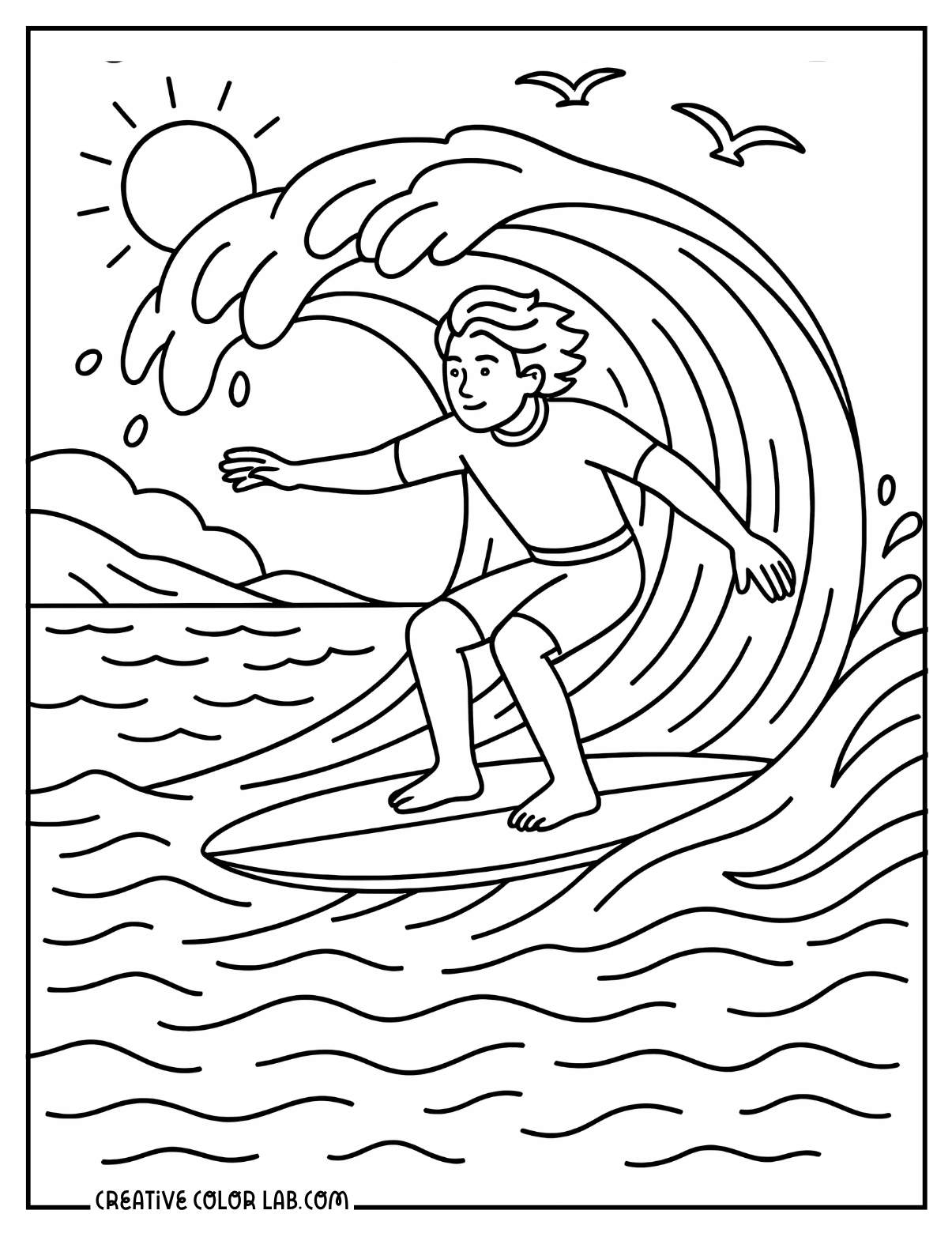 A surfer dude catching a wave coloring sheet.