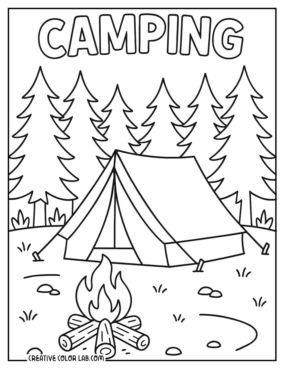 Tent and campfire in the woods coloring page.