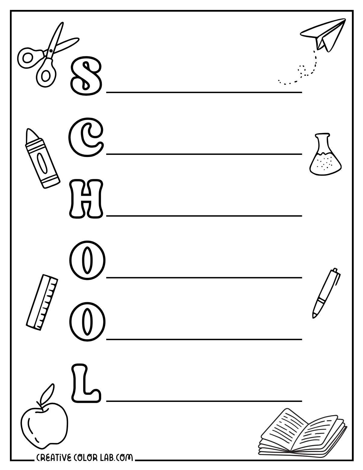 Printable school acrostic poem coloring PDF.