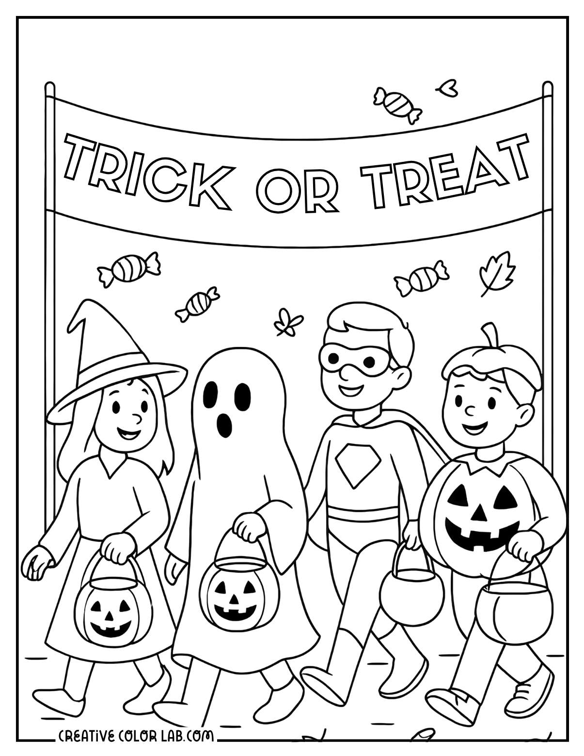 A bunch of kids trick or treating on Halloween image to color.