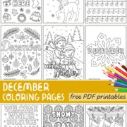 Nine photogrid of December coloring pages to download.
