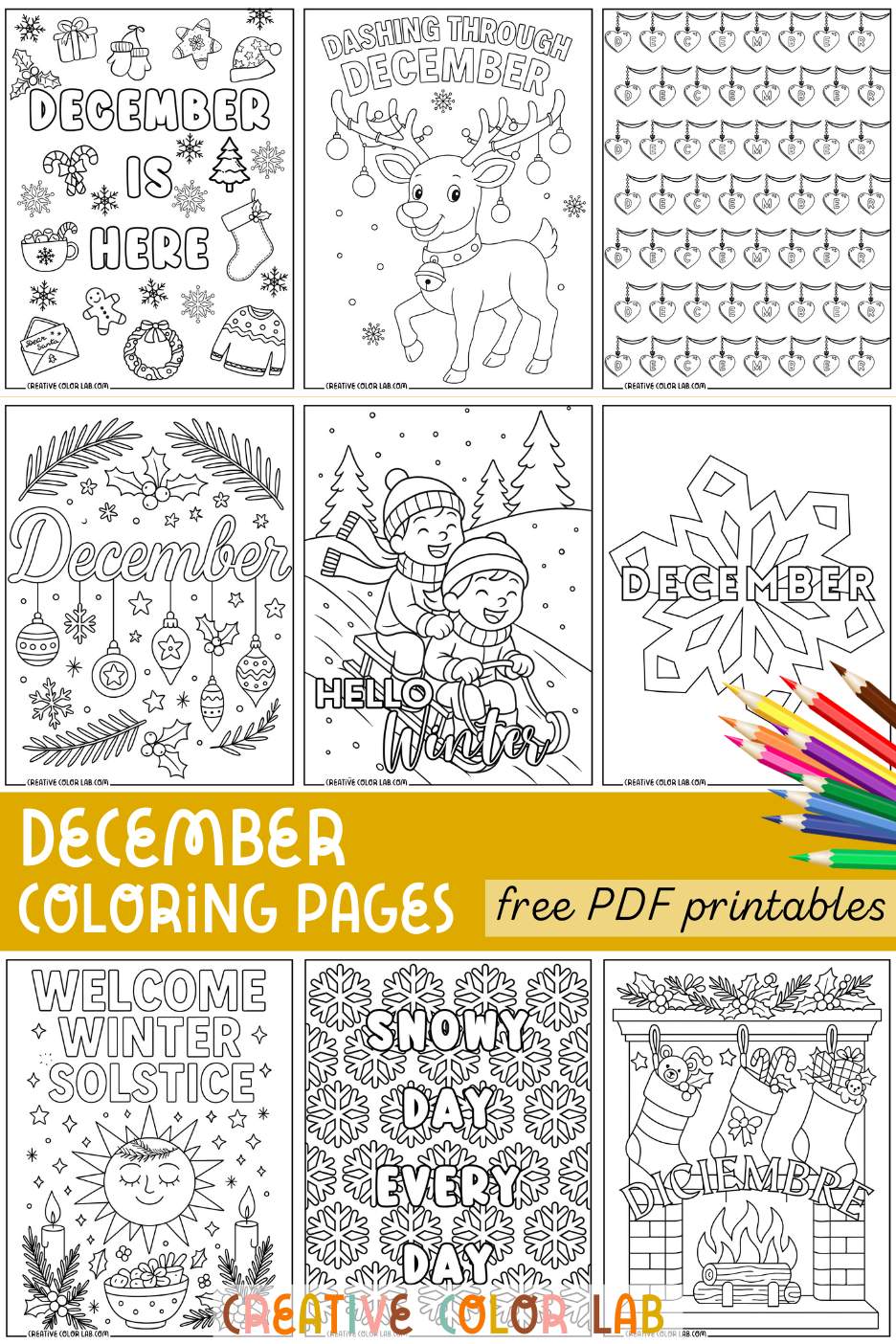 Nine photogrid of December coloring pages to download.