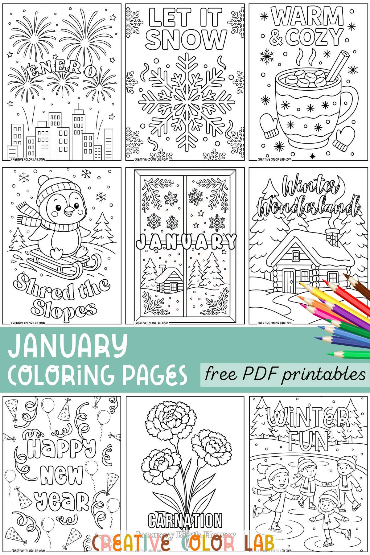 Nine photo grid of January coloring pages to download.