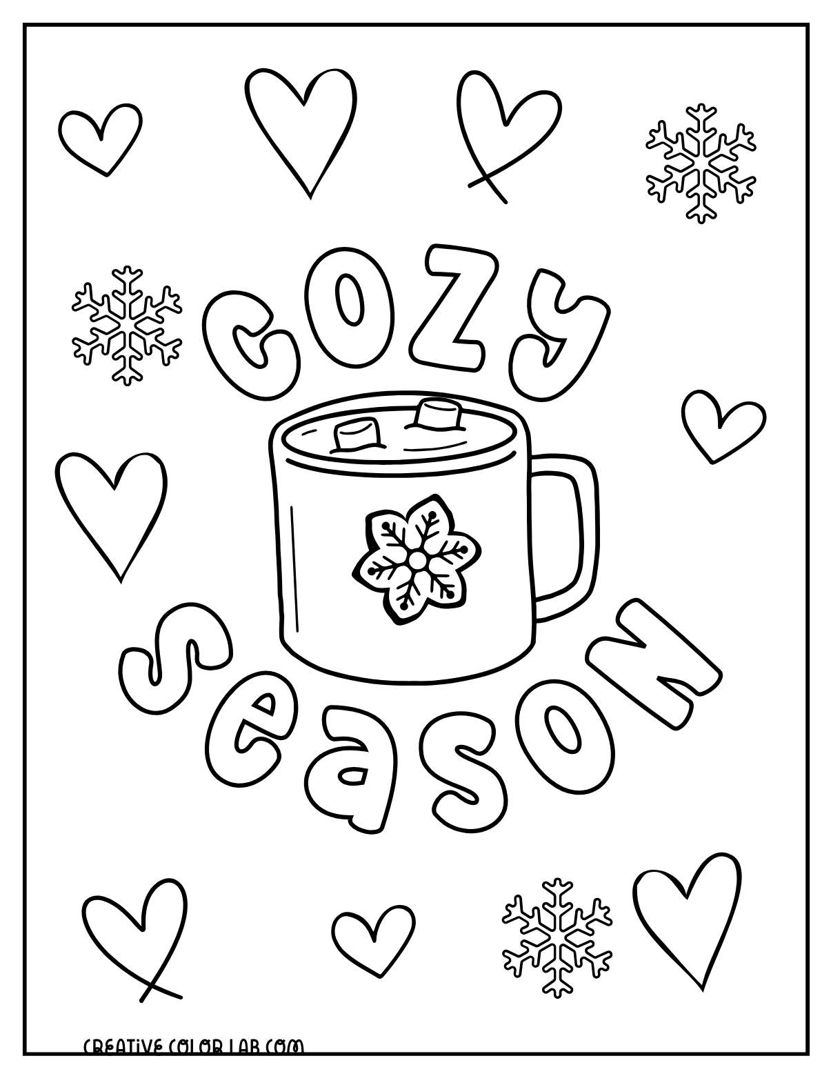 Cozy season with hot cocoa picture to color for kids.