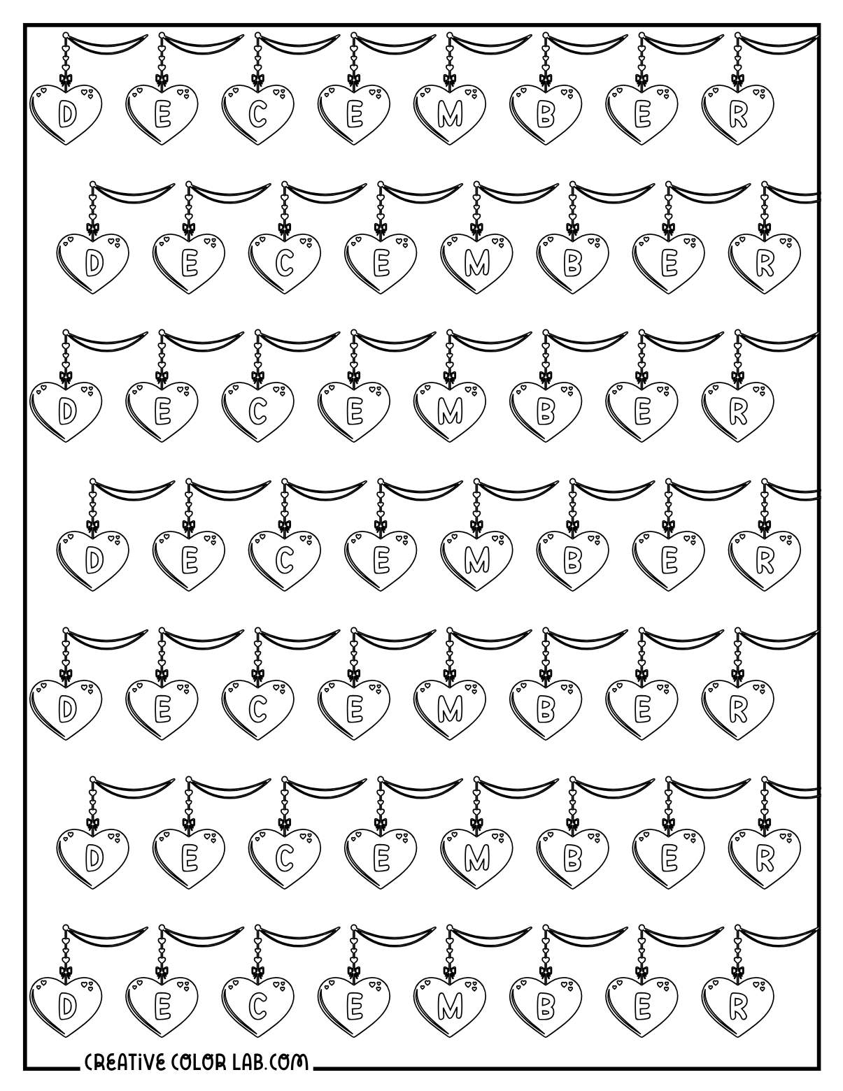 December hearts banner coloring sheet.