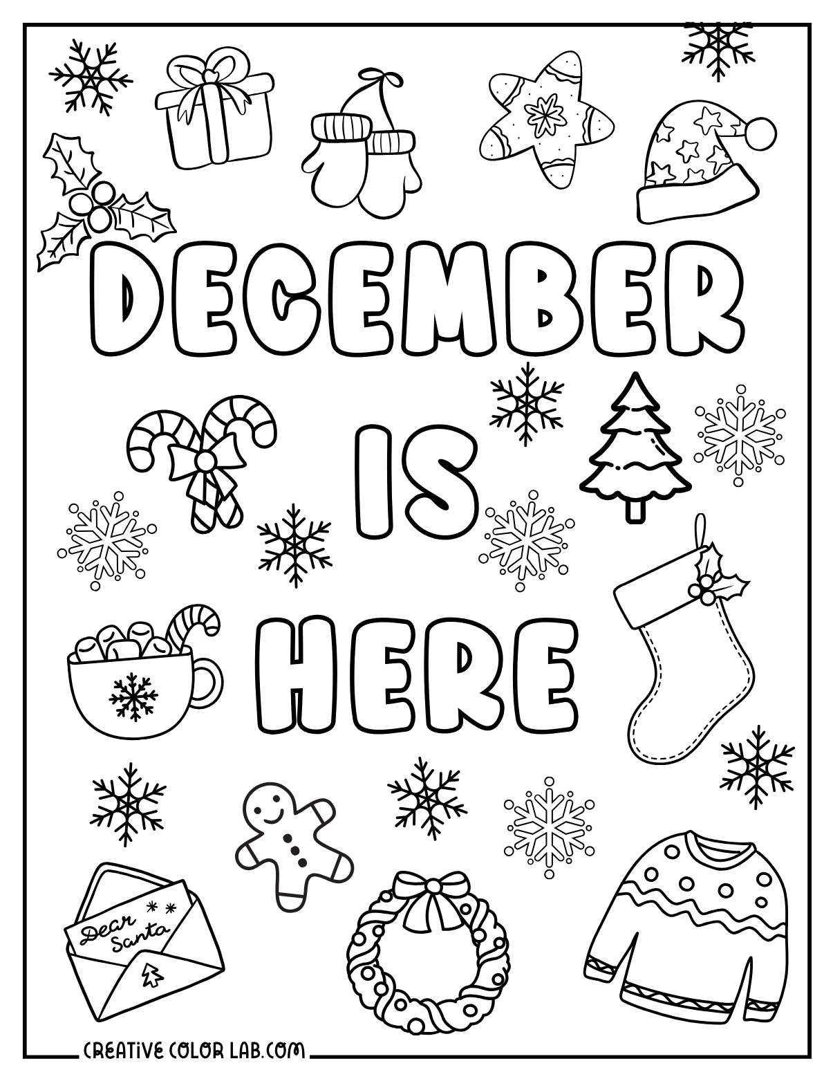 "December is here" holiday fun coloring sheet.