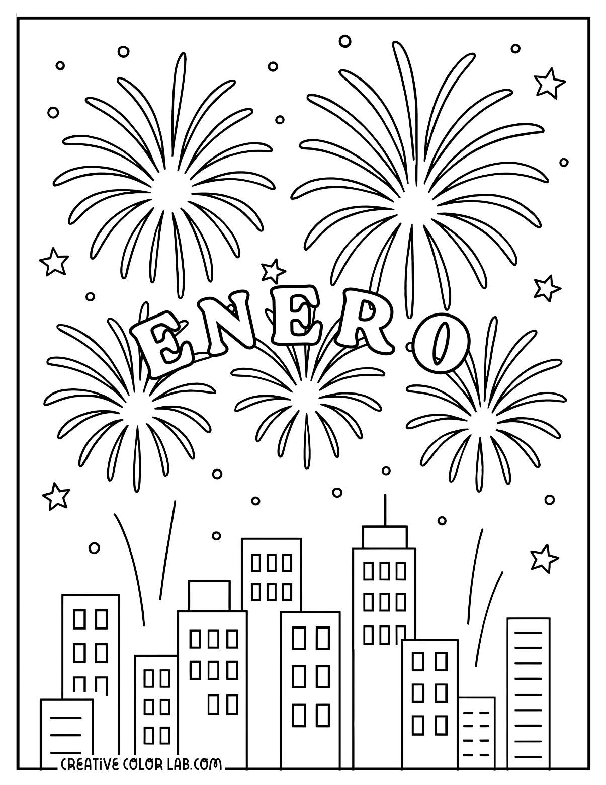 Enero fireworks Spanish new year coloring sheet.
