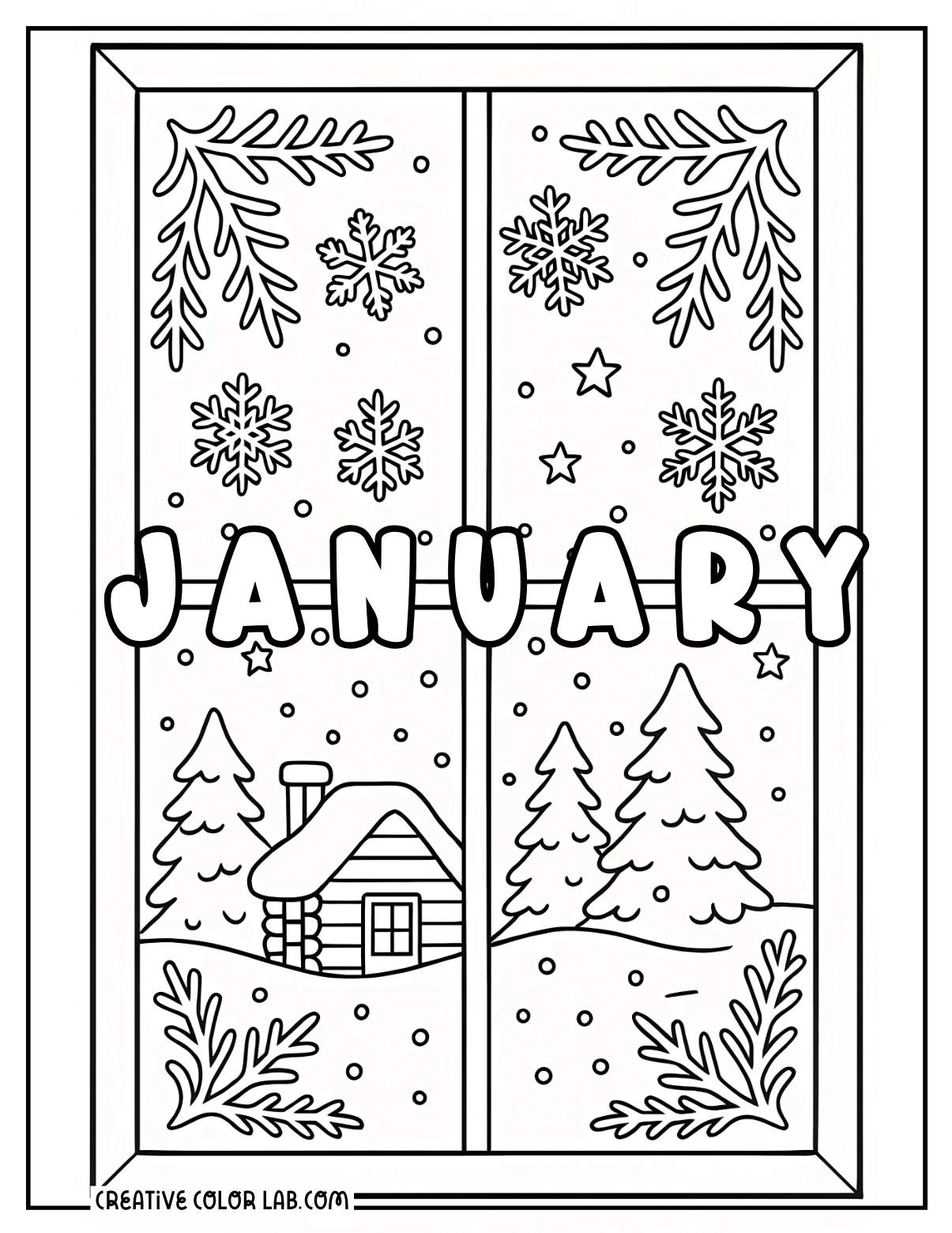 A window view of a cabin during January coloring sheet.