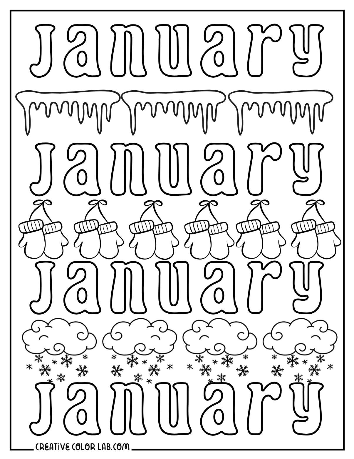 Repeating January words with mittens, ice, and snowflakes image to color.