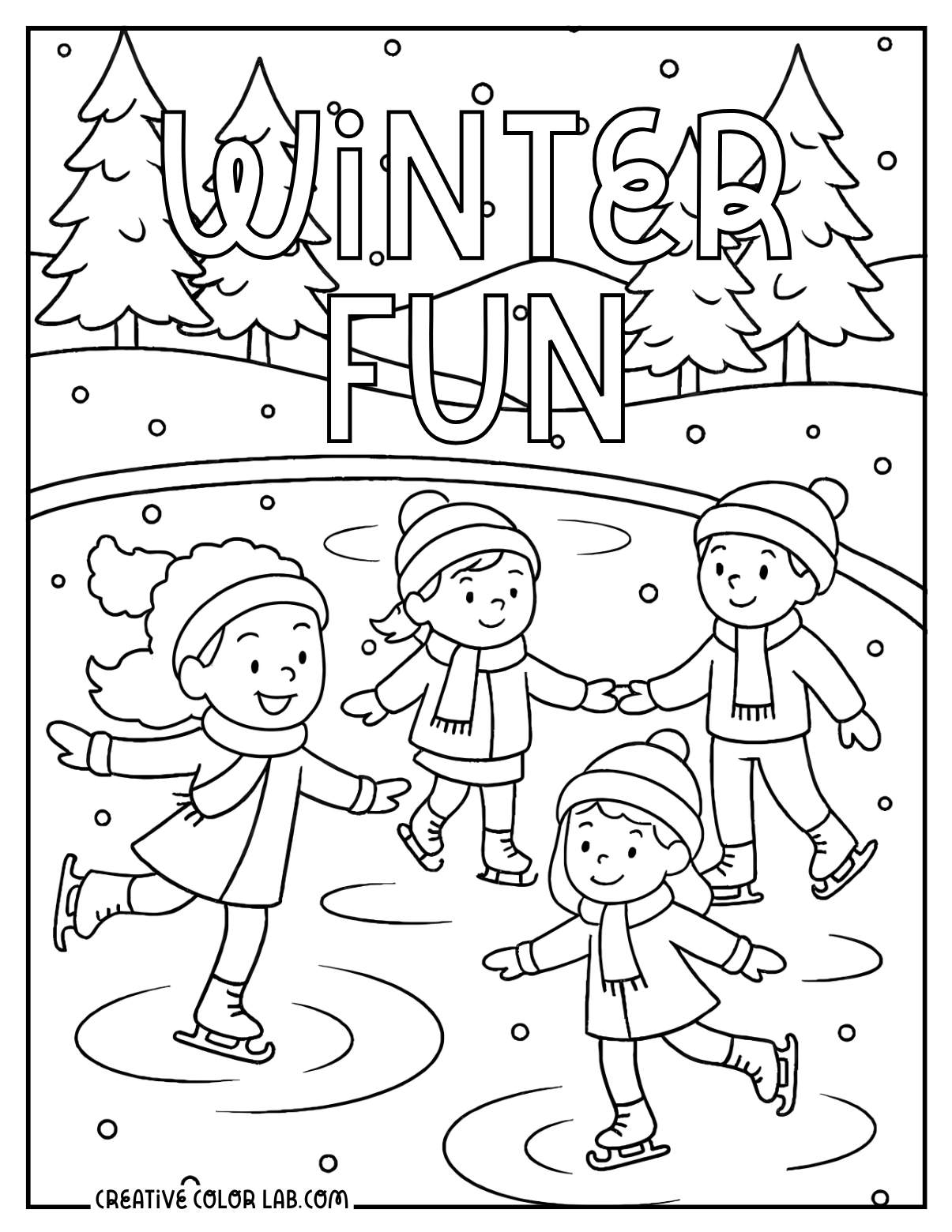 Four kids ice skating during winter coloring page.