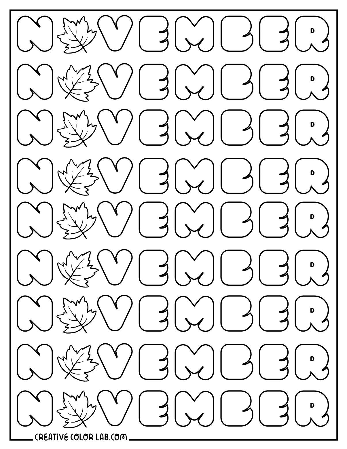 November word art repeated pattern coloring sheet.