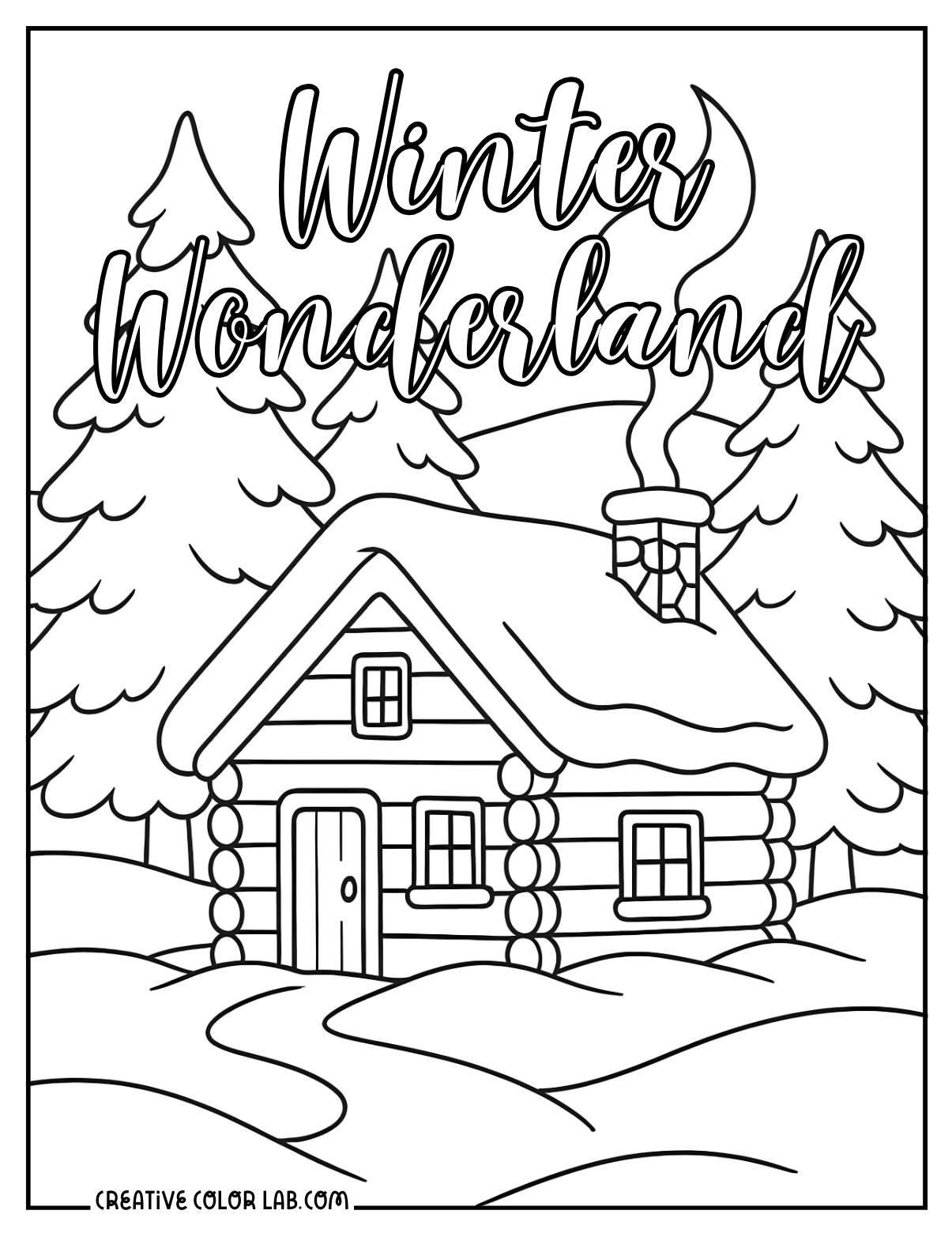 A log cabin during winter picture to color.