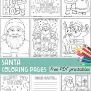 A nine photo grid of free printable Santa coloring pages.