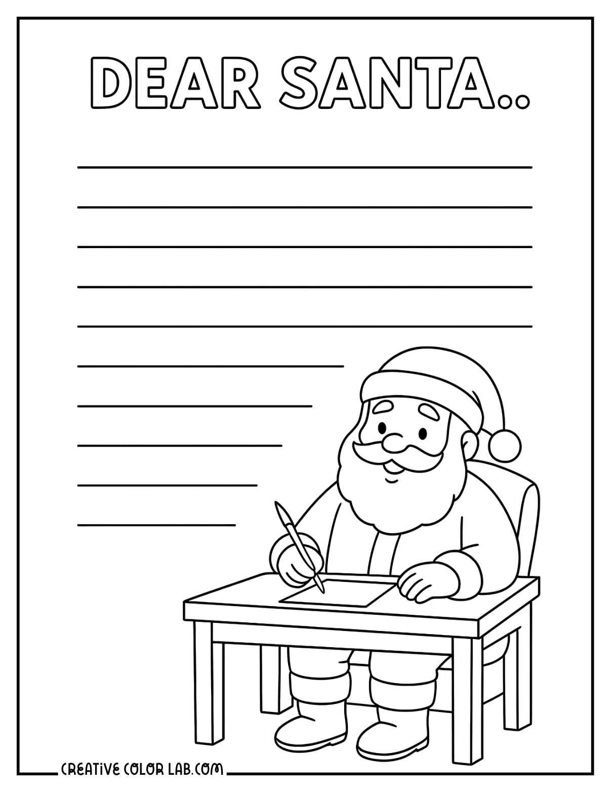Dear Santa letter template coloring page PDF.