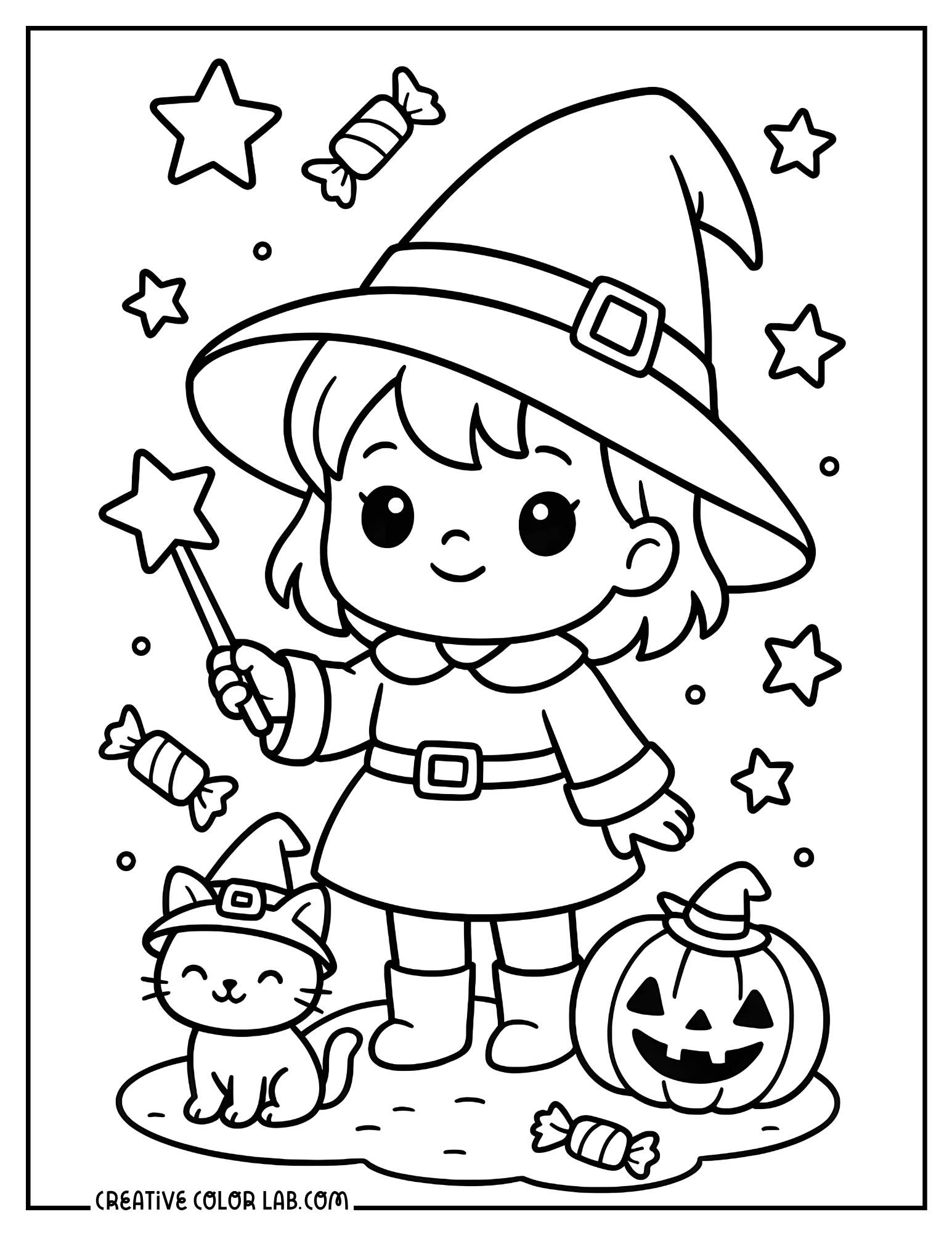A kawaii witch girl with a cat and pumpkin coloring sheet.