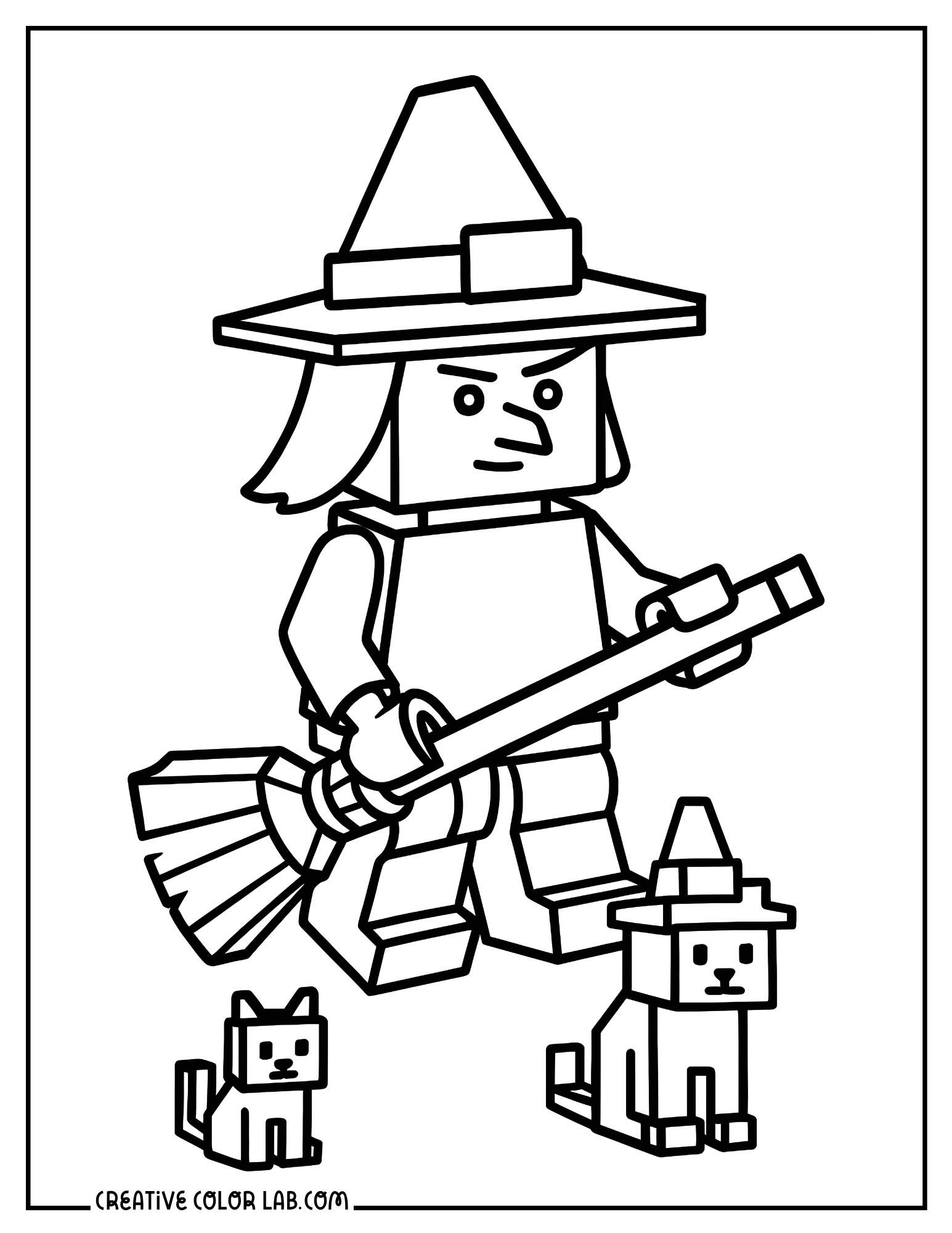 A lego witch with broom and cats picture to color for kids.