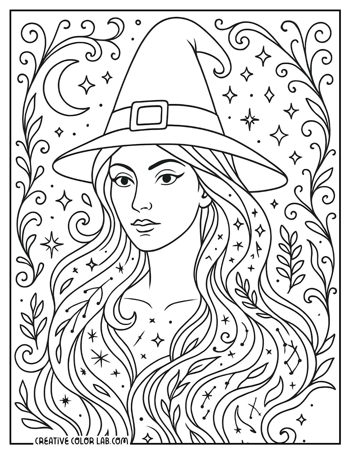 A mystic witch portrait coloring page.