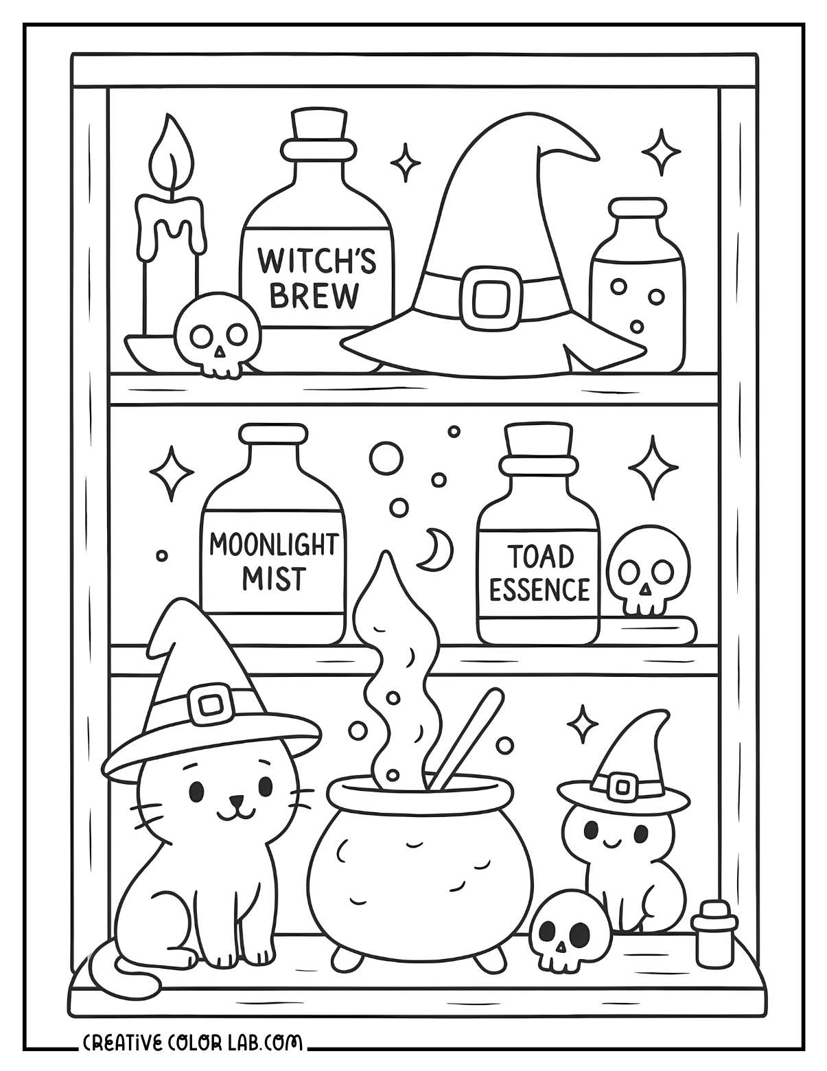 A potion shelf with cats and a cauldron image to color.