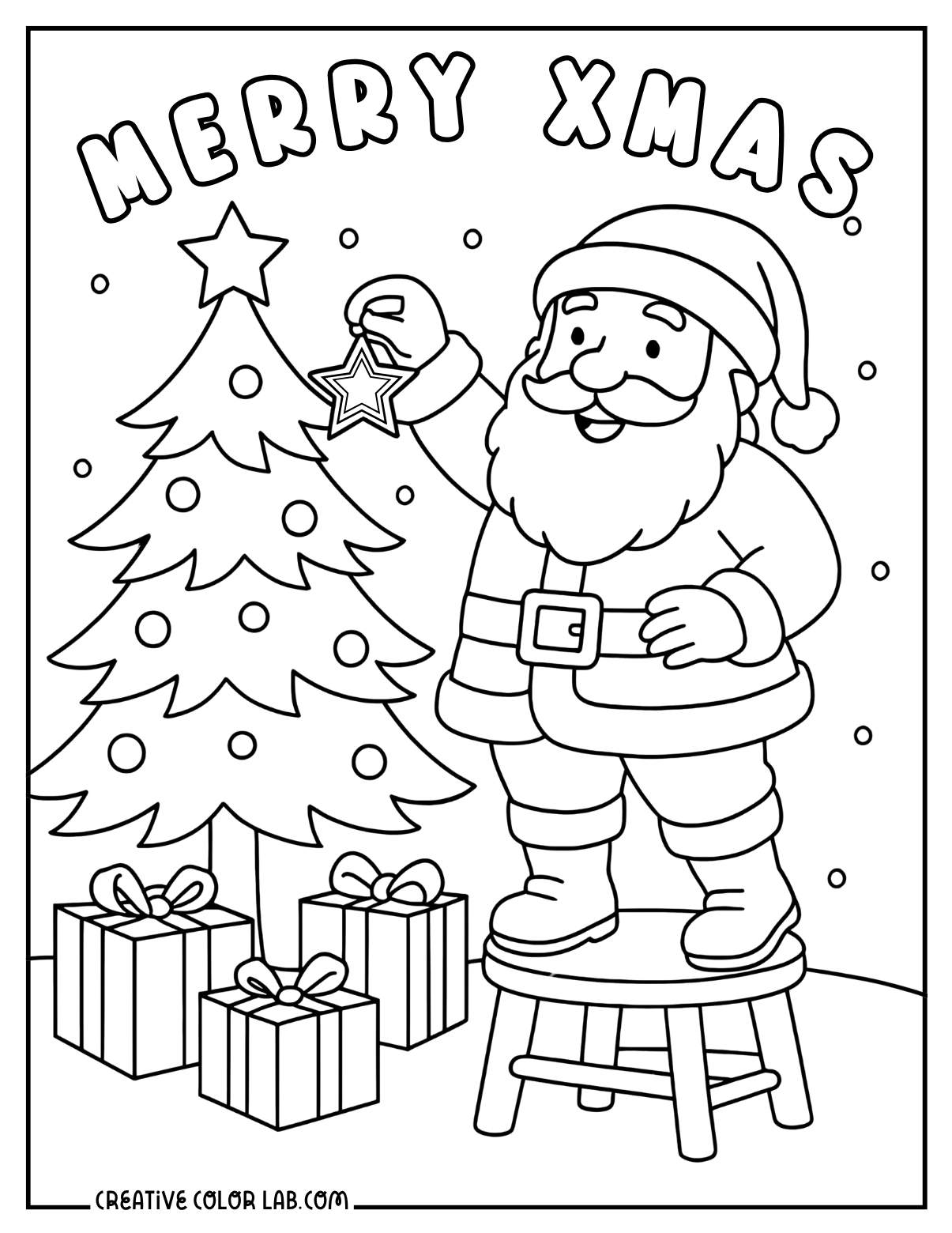 Santa hanging an ornament on the Christmas tree line art to color in.