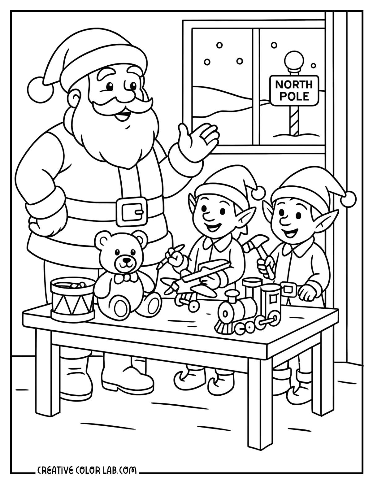Santa in workshop with elves coloring page.